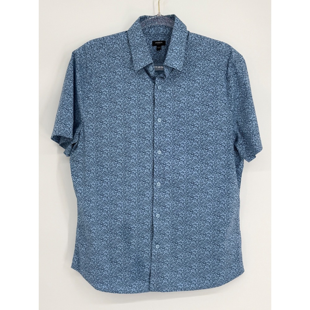 Express Mens Slim Fit Short Sleeve Blue Floral Button Down Shirt Sz M